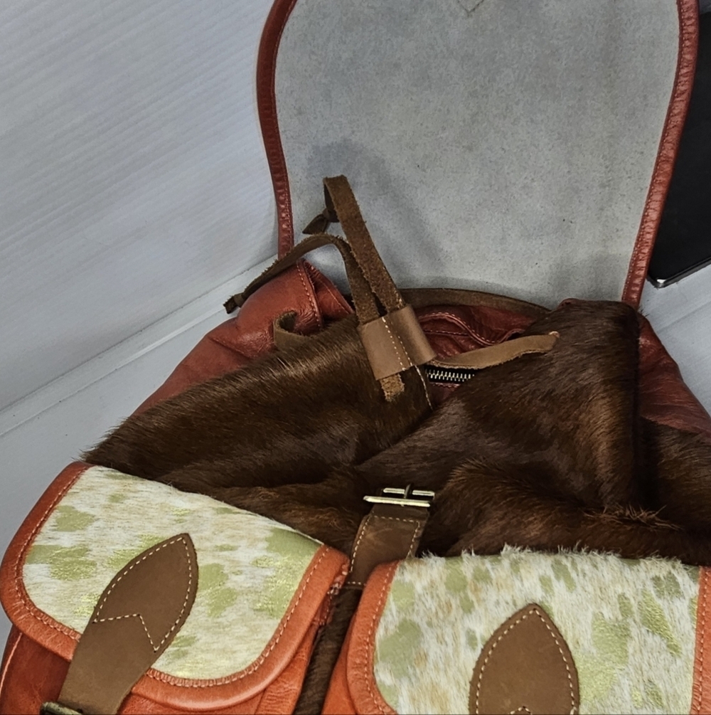 Authentic Hair-On Cowhide Leather Backpack Rustic Western Travel Bag Made in USA - Picture 6 of 13